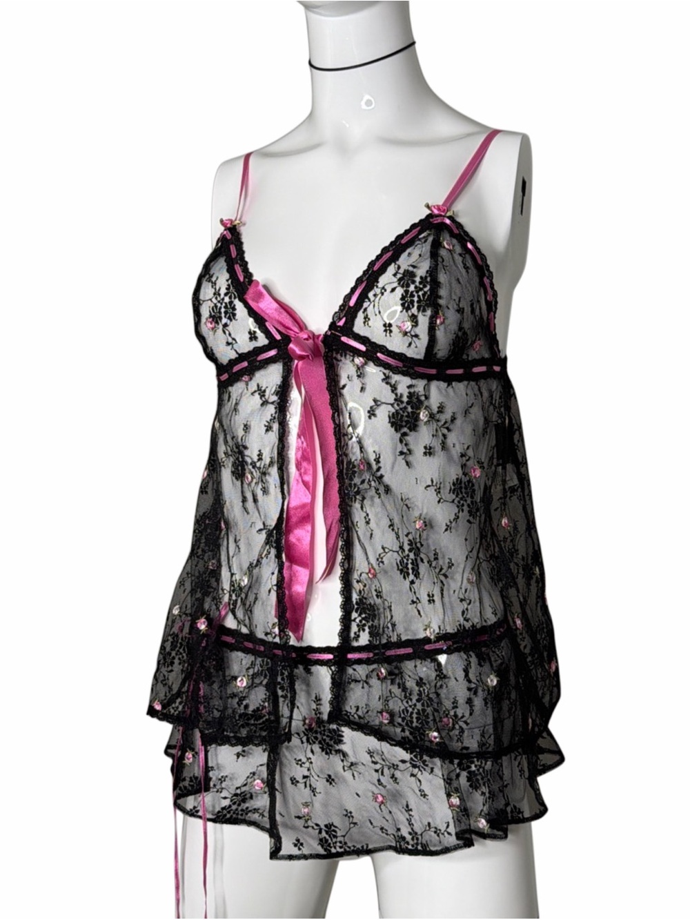 Frederick's of Hollywood Floral Black Lace Babydoll Pink Satin Trim Two Piece